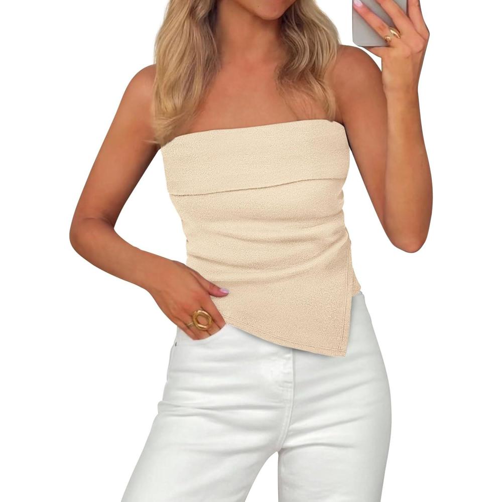 imagePRETTYGARDEN Tube Tops for Women 2026 Summer Strapless Asymmetrical Ruched Bandeau Shirts Trendy Spring Going Out OutfitsBeige