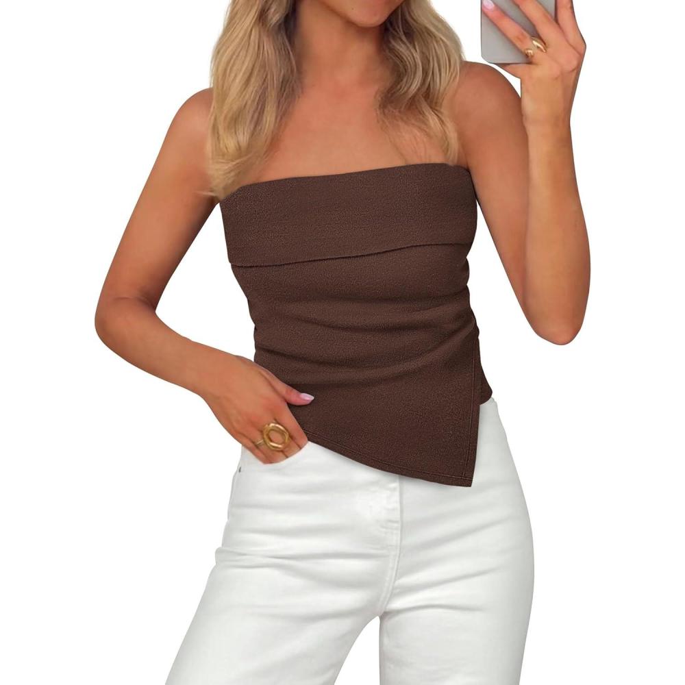 imagePRETTYGARDEN Tube Tops for Women 2026 Summer Strapless Asymmetrical Ruched Bandeau Shirts Trendy Spring Going Out OutfitsBrown