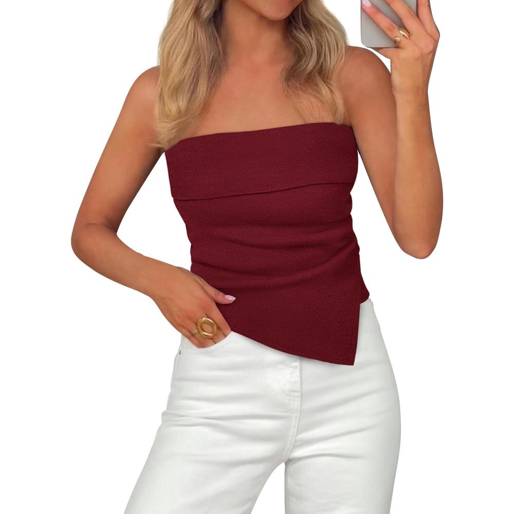 imagePRETTYGARDEN Tube Tops for Women 2026 Summer Strapless Asymmetrical Ruched Bandeau Shirts Trendy Spring Going Out OutfitsBurgundy