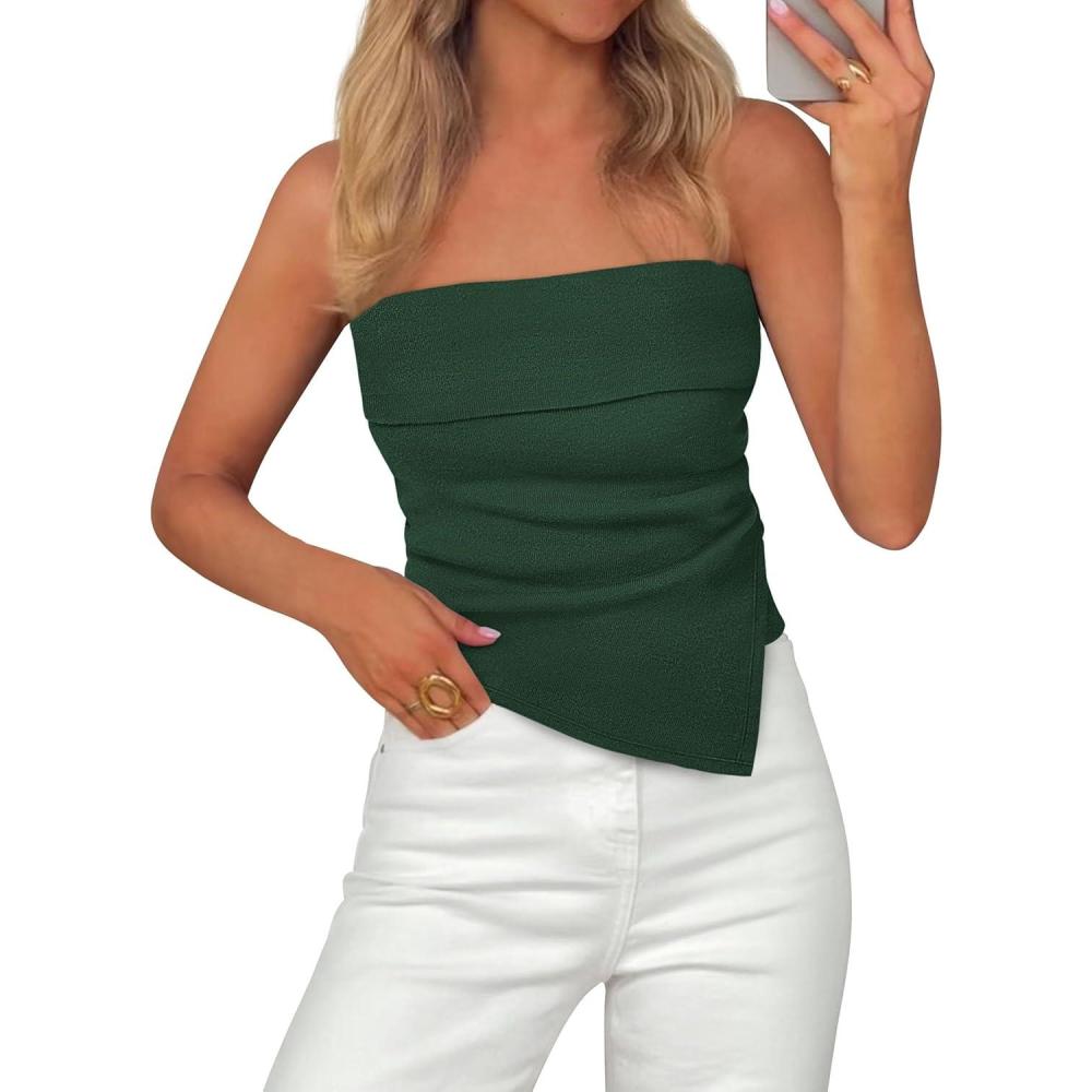 imagePRETTYGARDEN Tube Tops for Women 2026 Summer Strapless Asymmetrical Ruched Bandeau Shirts Trendy Spring Going Out OutfitsGreen