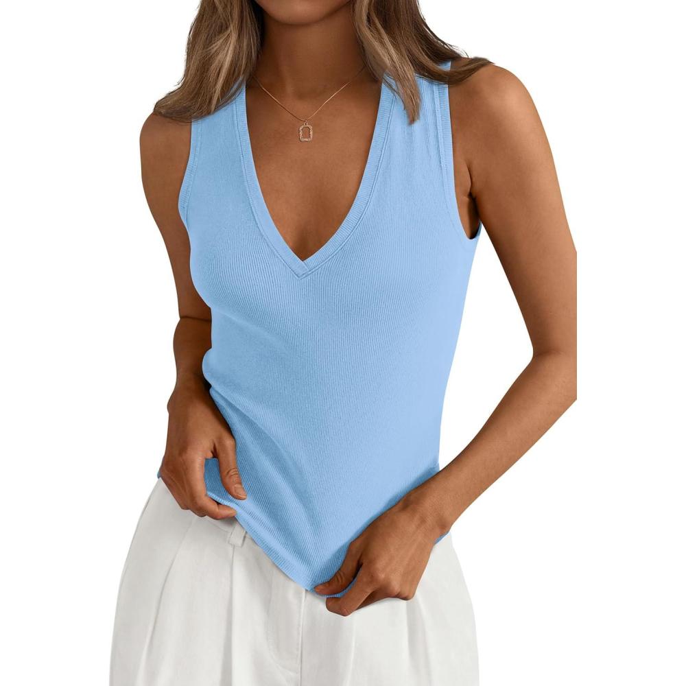 imagePRETTYGARDEN V Neck Tank Tops for Women Summer Outfits 2026 Ribbed Knit Shirts Casual Basic Tees Sleeveless Camisole VestLight Blue