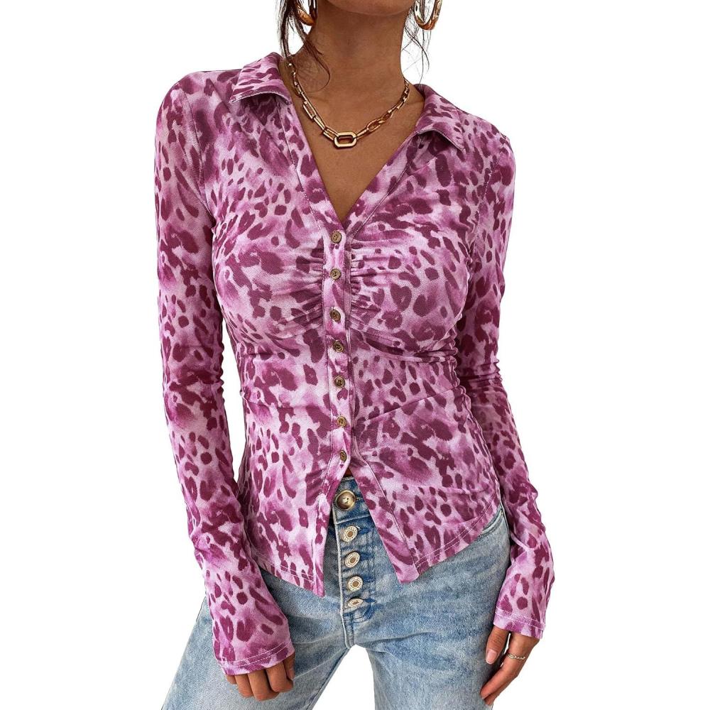 imagePRETTYGARDEN Women Button Down Floral Shirts 2026 Fall Trendy Long Sleeve V Neck Mesh Boho Blouse Spring Tops Date OutfitsLeopard Purple