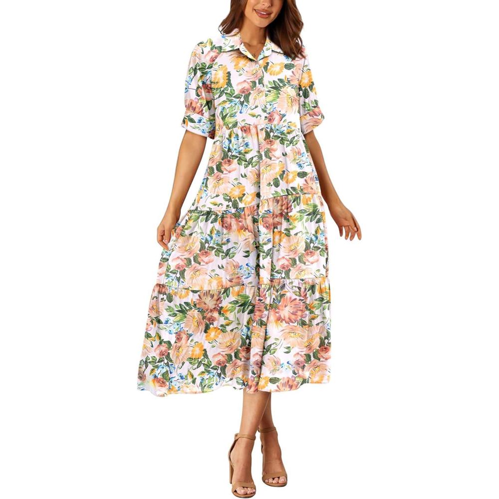 imagePRETTYGARDEN Women Casual Summer Dress Short Sleeve Floral Print Beach Maxi Dresses Floral White ApricotLarge