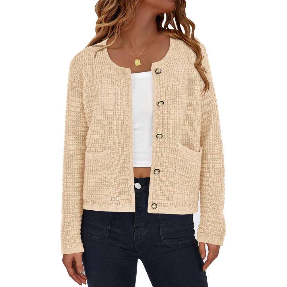 imagePRETTYGARDEN Women Knit Cardigan Sweaters Fall Fashion Long Sleeve Open Front Button Down Trendy Casual Jacket Winter ClothesBeige