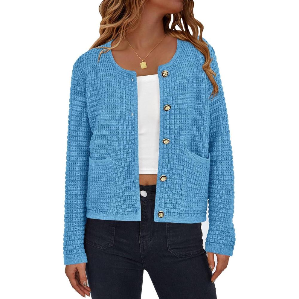 imagePRETTYGARDEN Women Knit Cardigan Sweaters Fall Fashion Long Sleeve Open Front Button Down Trendy Casual Jacket Winter ClothesBlue
