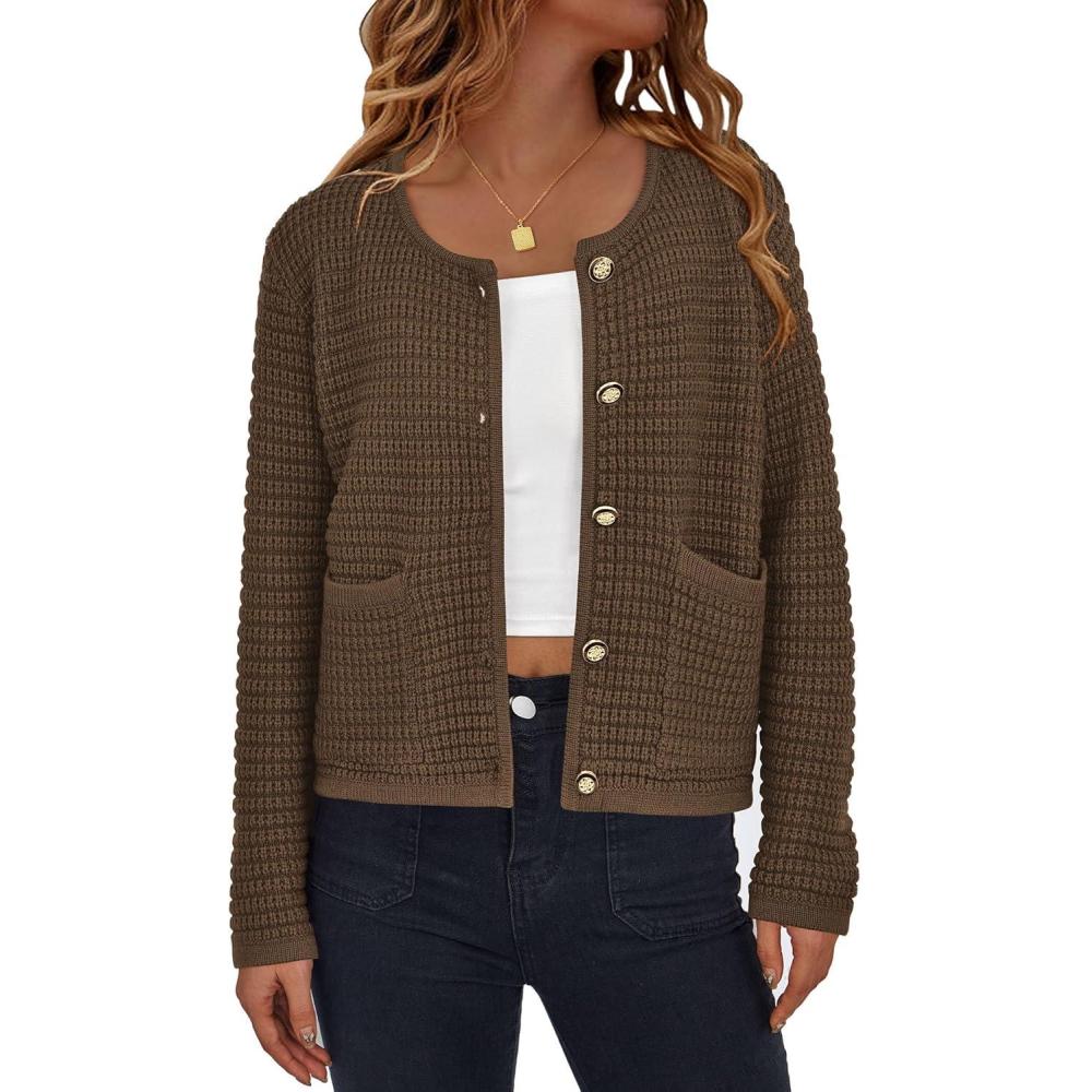 imagePRETTYGARDEN Women Knit Cardigan Sweaters Fall Fashion Long Sleeve Open Front Button Down Trendy Casual Jacket Winter ClothesCoffee