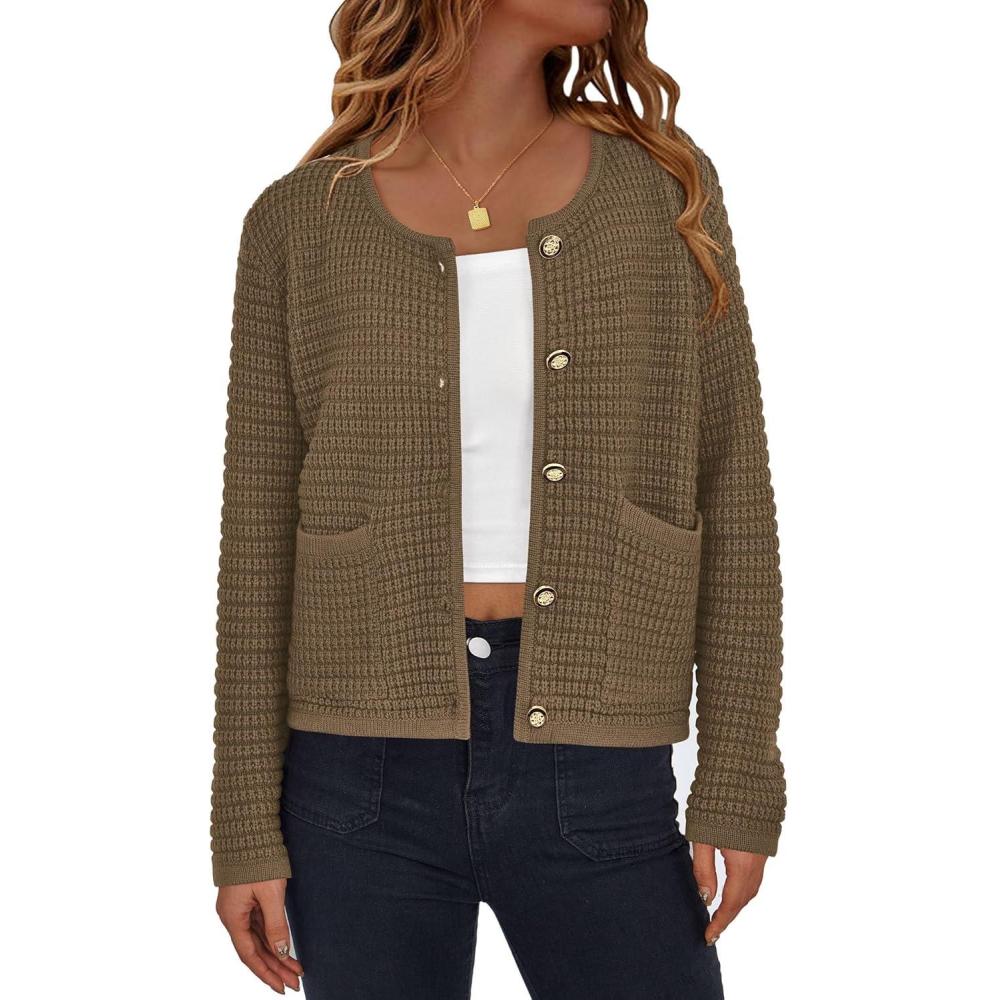 imagePRETTYGARDEN Women Knit Cardigan Sweaters Fall Fashion Long Sleeve Open Front Button Down Trendy Casual Jacket Winter ClothesDark Khaki