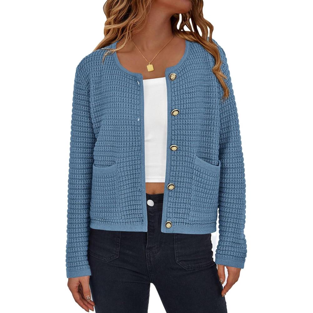imagePRETTYGARDEN Women Knit Cardigan Sweaters Fall Fashion Long Sleeve Open Front Button Down Trendy Casual Jacket Winter ClothesMist Blue
