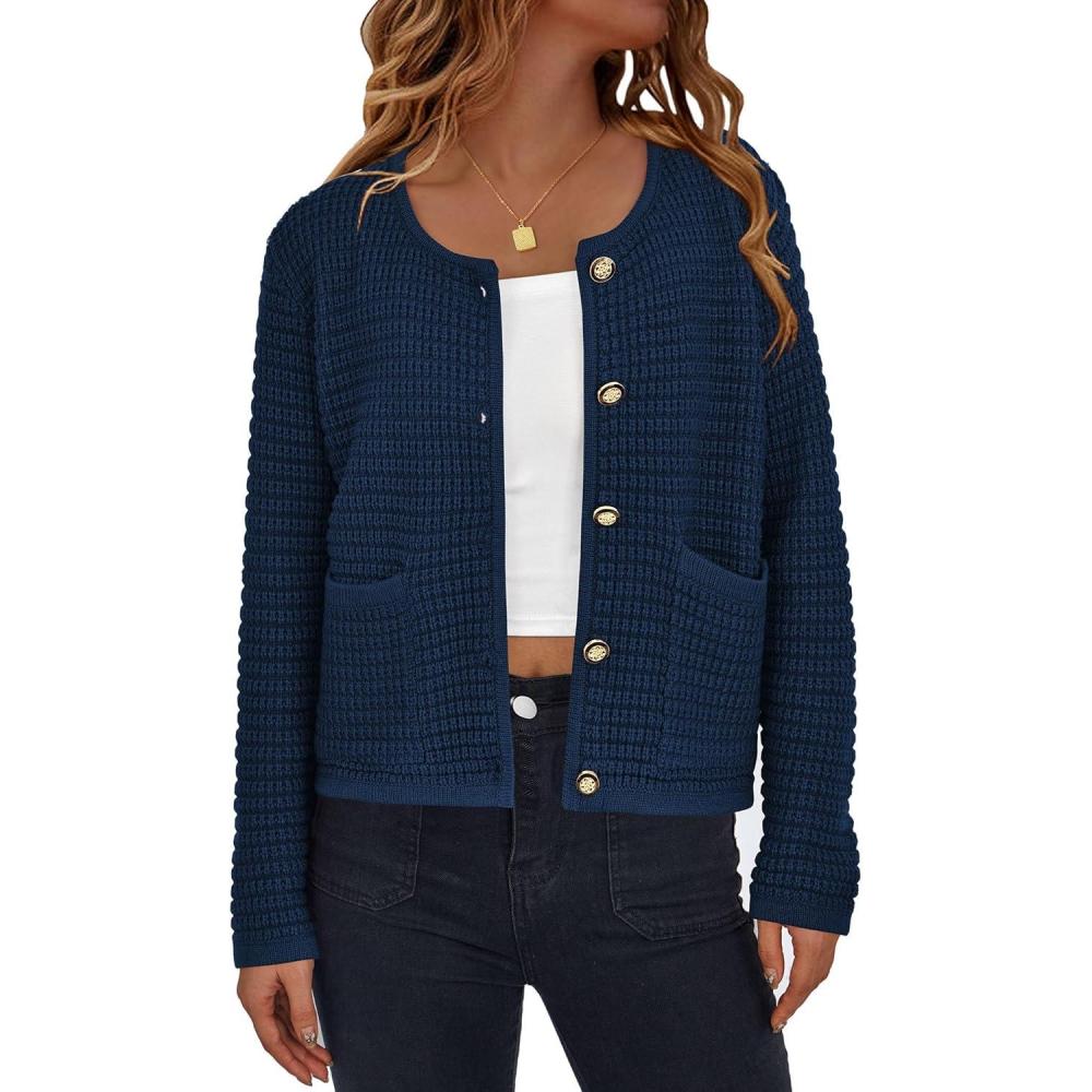 imagePRETTYGARDEN Women Knit Cardigan Sweaters Fall Fashion Long Sleeve Open Front Button Down Trendy Casual Jacket Winter ClothesNavy