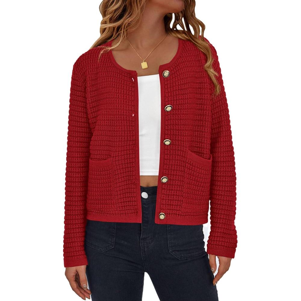 imagePRETTYGARDEN Women Knit Cardigan Sweaters Fall Fashion Long Sleeve Open Front Button Down Trendy Casual Jacket Winter ClothesRed