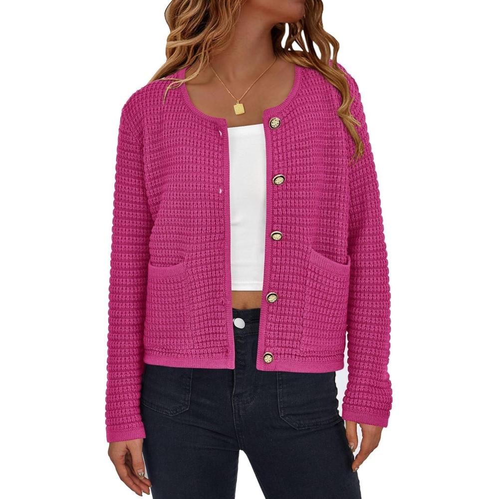 imagePRETTYGARDEN Women Knit Cardigan Sweaters Fall Fashion Long Sleeve Open Front Button Down Trendy Casual Jacket Winter ClothesRose Red