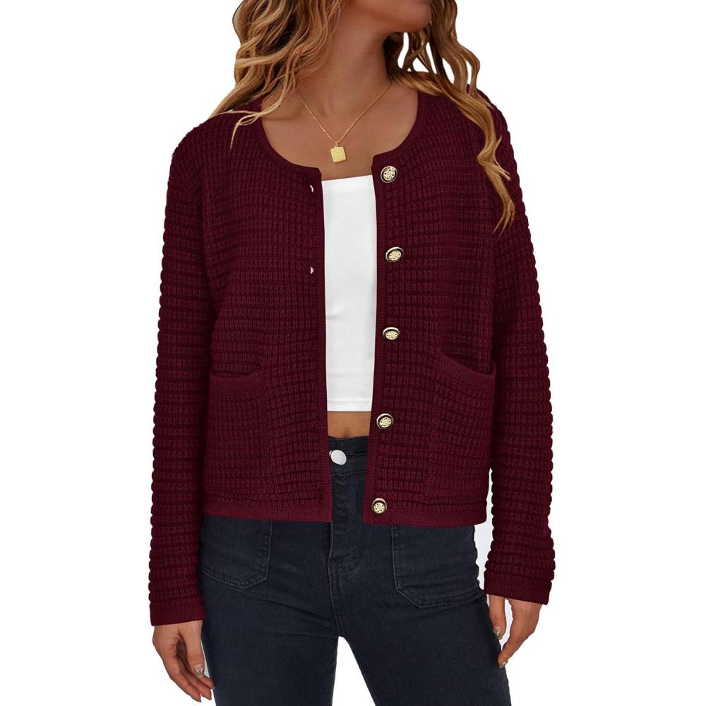 imagePRETTYGARDEN Women Knit Cardigan Sweaters Fall Fashion Long Sleeve Open Front Button Down Trendy Casual Jacket Winter ClothesWine Red