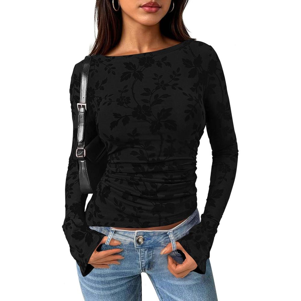 imagePRETTYGARDEN Women Long Sleeve Floral Mesh Tops Blouse 2026 Fall Trendy Boat Neck Ruched Spring Shirt Going Out Date OutfitsBlack