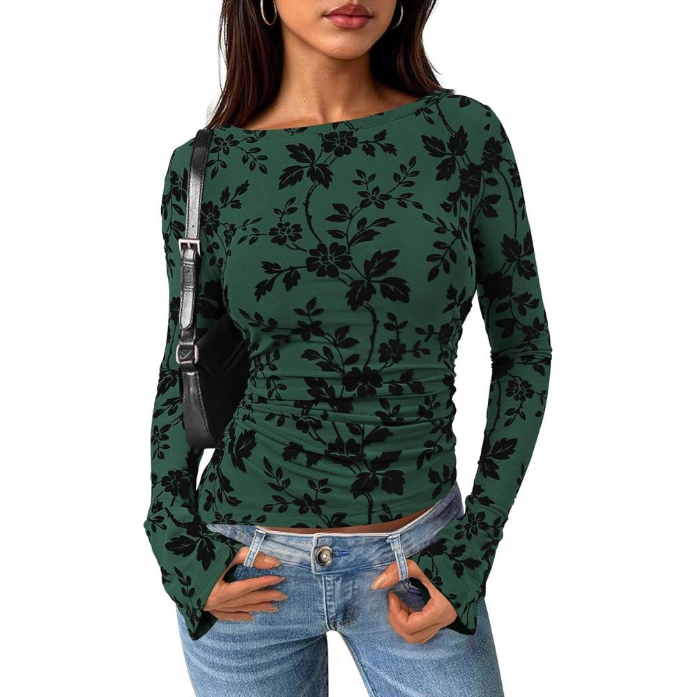 imagePRETTYGARDEN Women Long Sleeve Floral Mesh Tops Blouse 2026 Fall Trendy Boat Neck Ruched Spring Shirt Going Out Date OutfitsDark Green