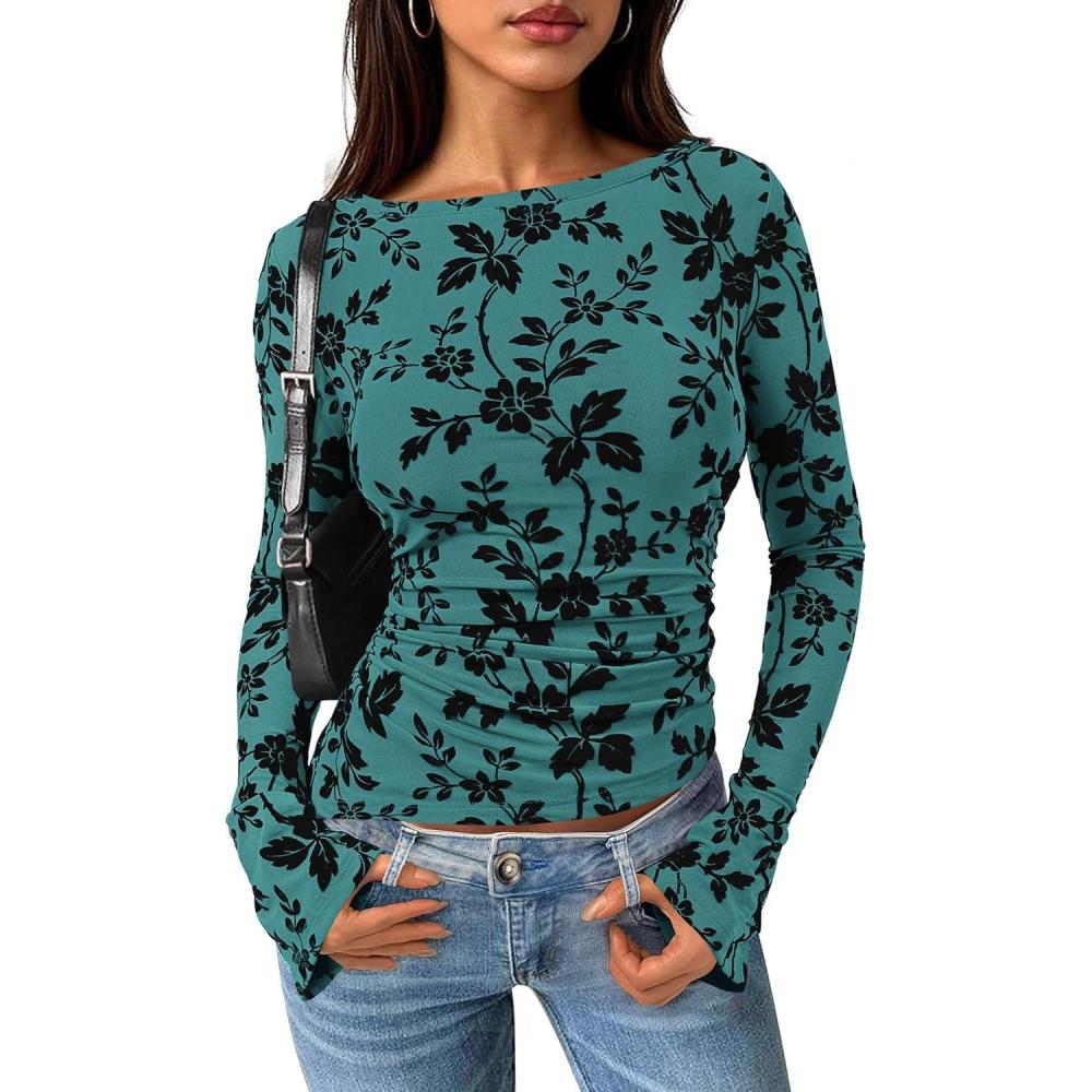 imagePRETTYGARDEN Women Long Sleeve Floral Mesh Tops Blouse 2026 Fall Trendy Boat Neck Ruched Spring Shirt Going Out Date OutfitsLake Blue