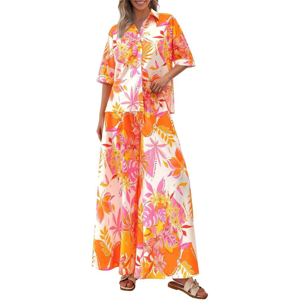 imagePRETTYGARDEN Womens 2 Piece Beach Vacation Outfit 2025 Casual Summer Floral Button Down Shirt Wide Leg Pants Matching Sets