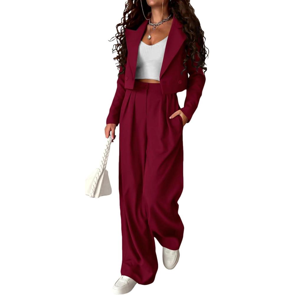 imagePRETTYGARDEN Womens 2 Piece Casual Outfits Cropped Blazer Jackets High Waisted Wide Leg Work Pants Suit SetWine Red