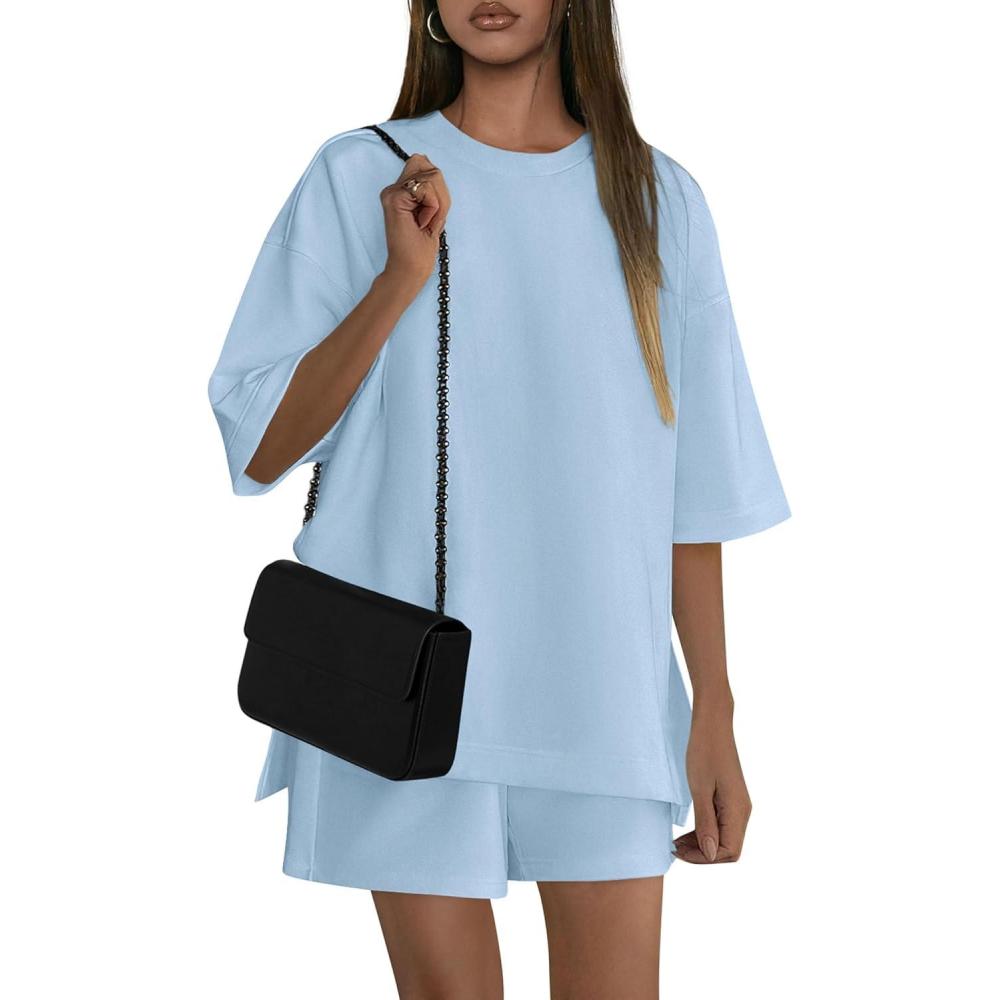imagePRETTYGARDEN Womens 2 Piece Lounge Sets 2025 Summer Short Sleeve Tunic Tops Drawstring Shorts Matching Outfits TracksuitsLight Blue
