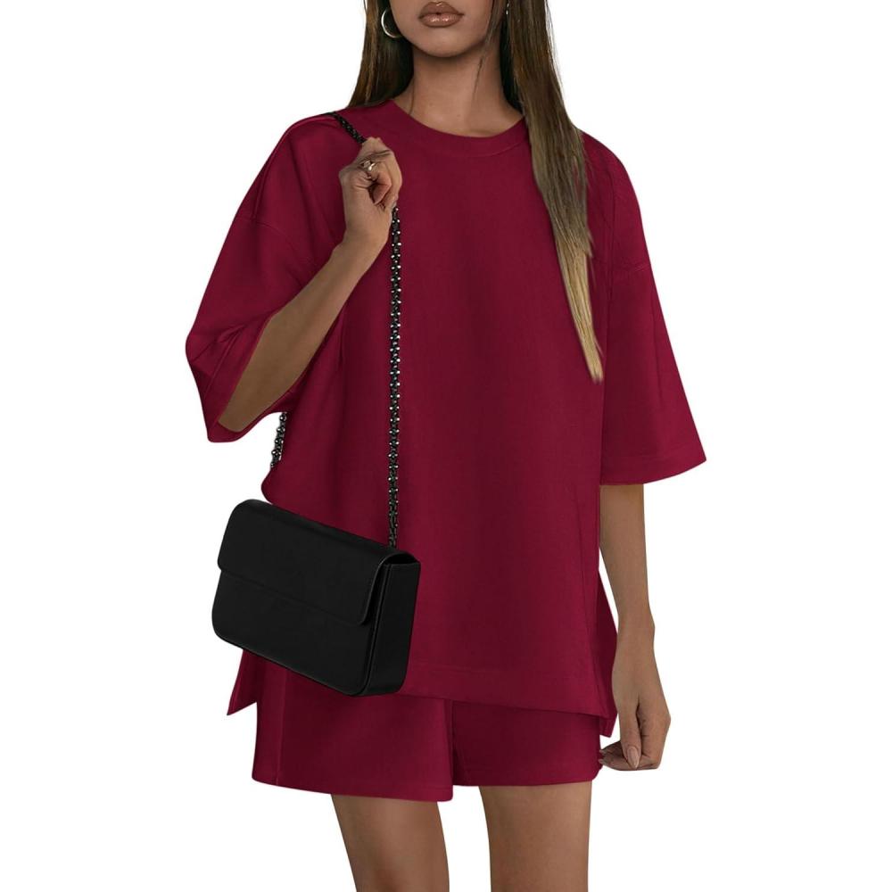 imagePRETTYGARDEN Womens 2 Piece Lounge Sets 2025 Summer Short Sleeve Tunic Tops Drawstring Shorts Matching Outfits TracksuitsWine Red
