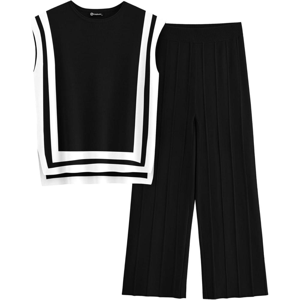 imagePRETTYGARDEN Womens 2 Piece Outfits Knit Loungewear High Low Pullover Tops and Wide Leg Pants Casual Sweater Sets Tracksuits