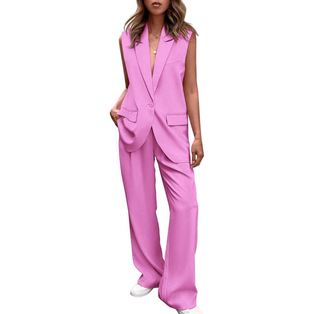 imagePRETTYGARDEN Womens 2 Piece Outfits Sleeveless Suit Vest and Wide Leg Pants Business Casual Blazer Sets