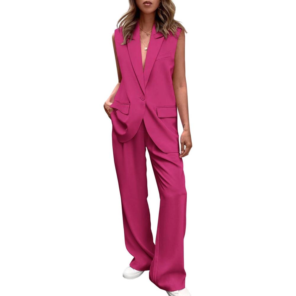 imagePRETTYGARDEN Womens 2 Piece Outfits Sleeveless Suit Vest and Wide Leg Pants Business Casual Blazer SetsRose Red