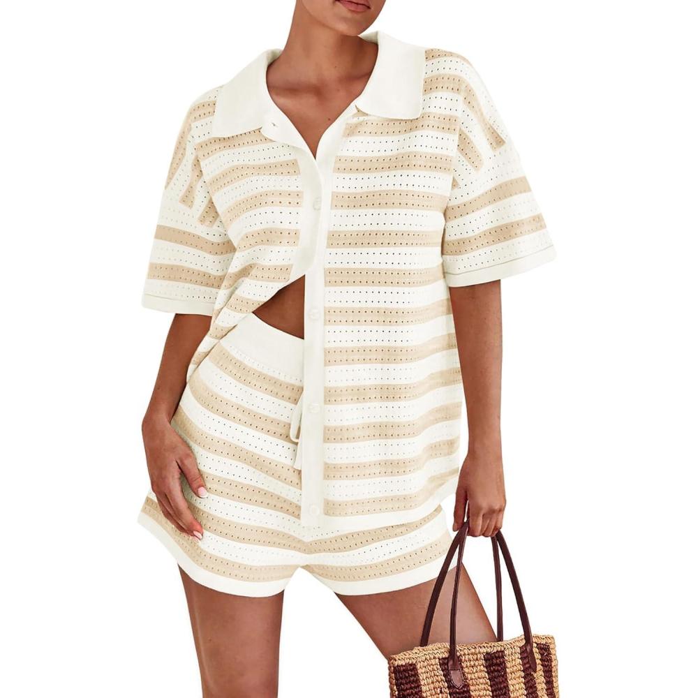 imagePRETTYGARDEN Womens 2 Piece Shorts Sets Casual Summer 2025 Short Sleeve Striped Sweater Set Matching Beach Vacation OutfitApricot