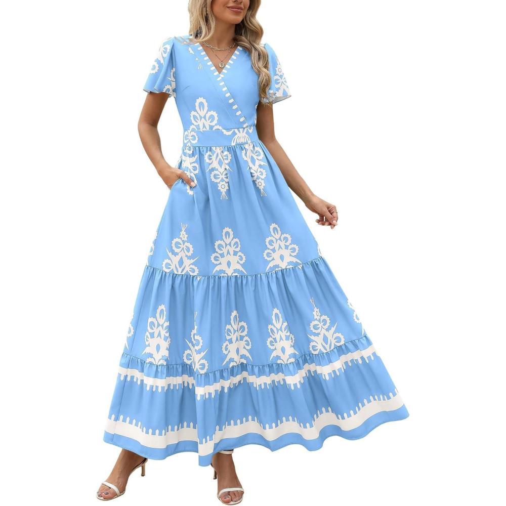 imagePRETTYGARDEN Womens 2025 Summer Casual V Neck Boho Maxi Dress Flowy Aline Bell Sleeve Tiered Floral Dresses with PocketFloral Sky Blue White