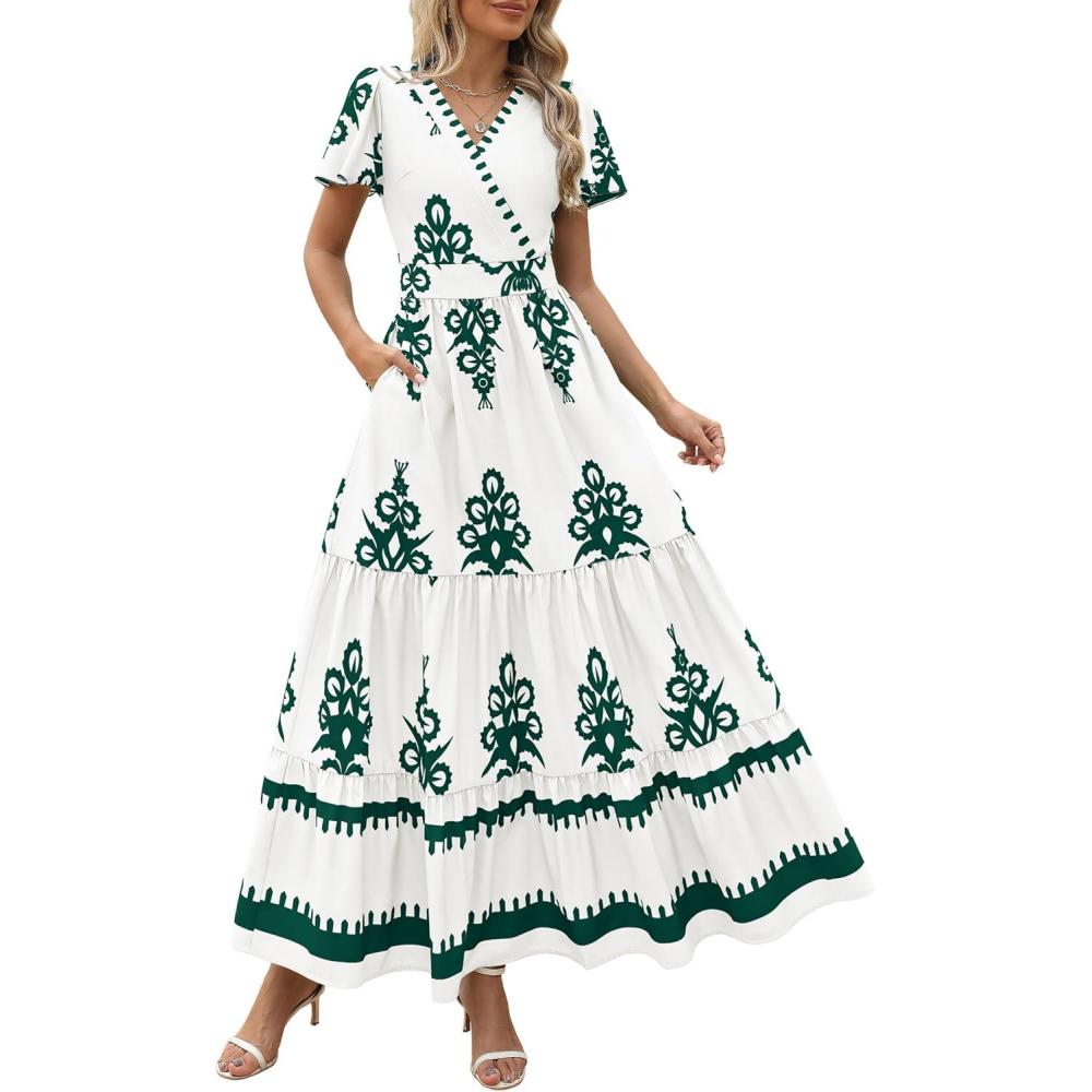 imagePRETTYGARDEN Womens 2025 Summer Casual V Neck Boho Maxi Dress Flowy Aline Bell Sleeve Tiered Floral Dresses with PocketFloral White Green