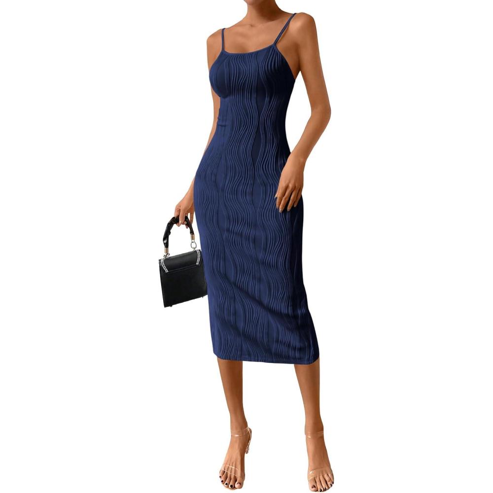 imagePRETTYGARDEN Womens 2025 Summer Sleeveless Bodycon Dress Textured Back Slit Sexy Cocktail Party Midi DressesNavy