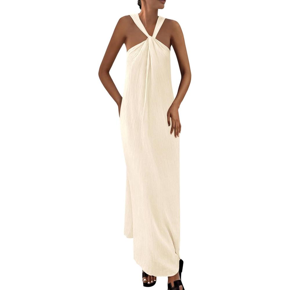 imagePRETTYGARDEN Womens 2026 Casual Long Summer Dresses Sleeveless Strappy Loose Flowy Beach Vacation Maxi Dress with PocketsApricot