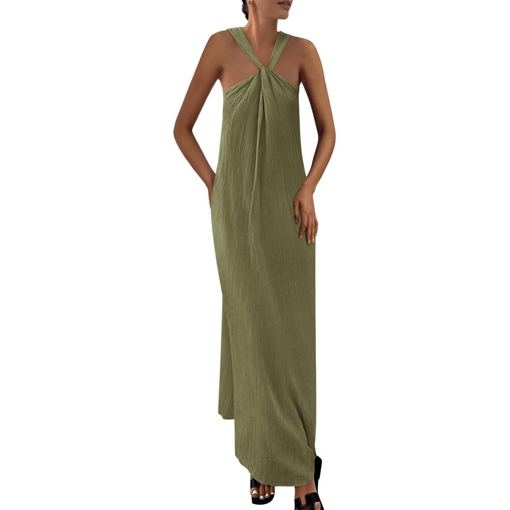 imagePRETTYGARDEN Womens 2026 Casual Long Summer Dresses Sleeveless Strappy Loose Flowy Beach Vacation Maxi Dress with PocketsArmy Green