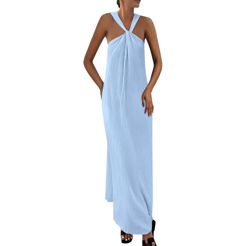 imagePRETTYGARDEN Womens 2026 Casual Long Summer Dresses Sleeveless Strappy Loose Flowy Beach Vacation Maxi Dress with PocketsBlue