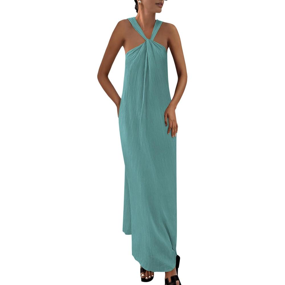 imagePRETTYGARDEN Womens 2026 Casual Long Summer Dresses Sleeveless Strappy Loose Flowy Beach Vacation Maxi Dress with PocketsBlue Green