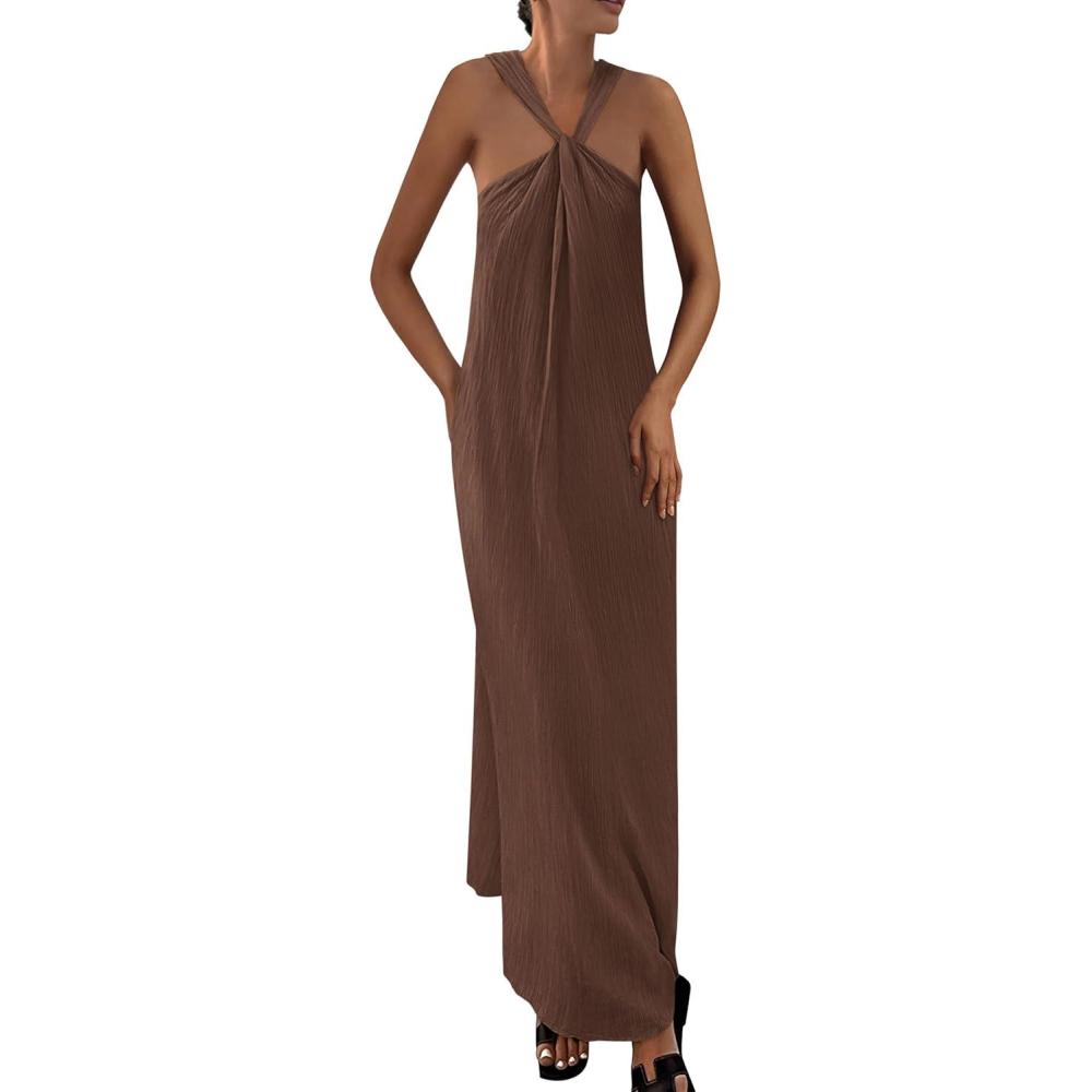 imagePRETTYGARDEN Womens 2026 Casual Long Summer Dresses Sleeveless Strappy Loose Flowy Beach Vacation Maxi Dress with PocketsDark Khaki