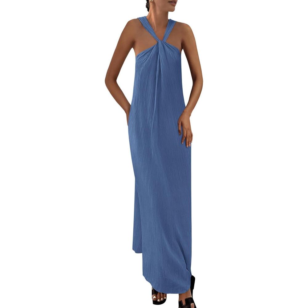 imagePRETTYGARDEN Womens 2026 Casual Long Summer Dresses Sleeveless Strappy Loose Flowy Beach Vacation Maxi Dress with PocketsGrey Blue