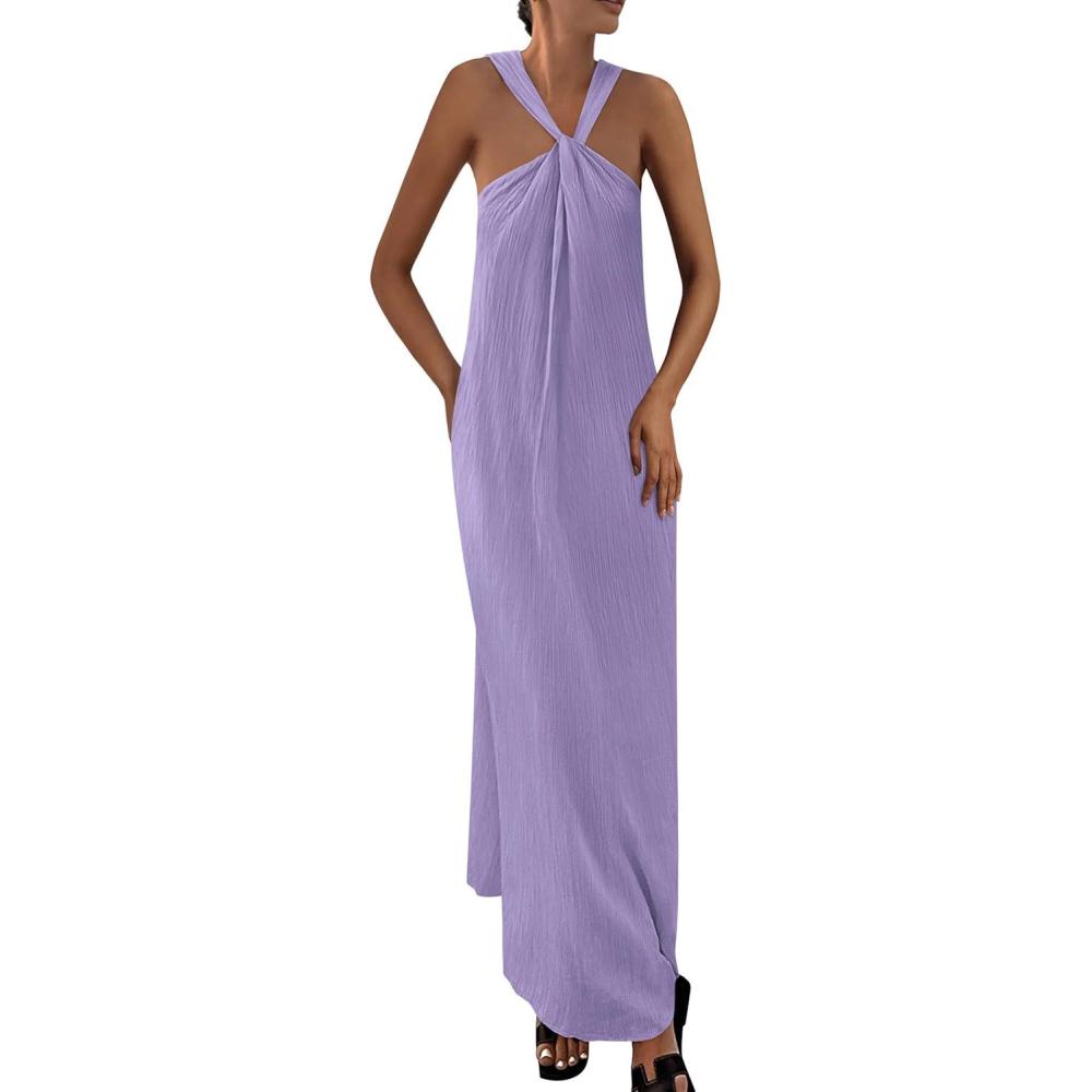 imagePRETTYGARDEN Womens 2026 Casual Long Summer Dresses Sleeveless Strappy Loose Flowy Beach Vacation Maxi Dress with PocketsPurple