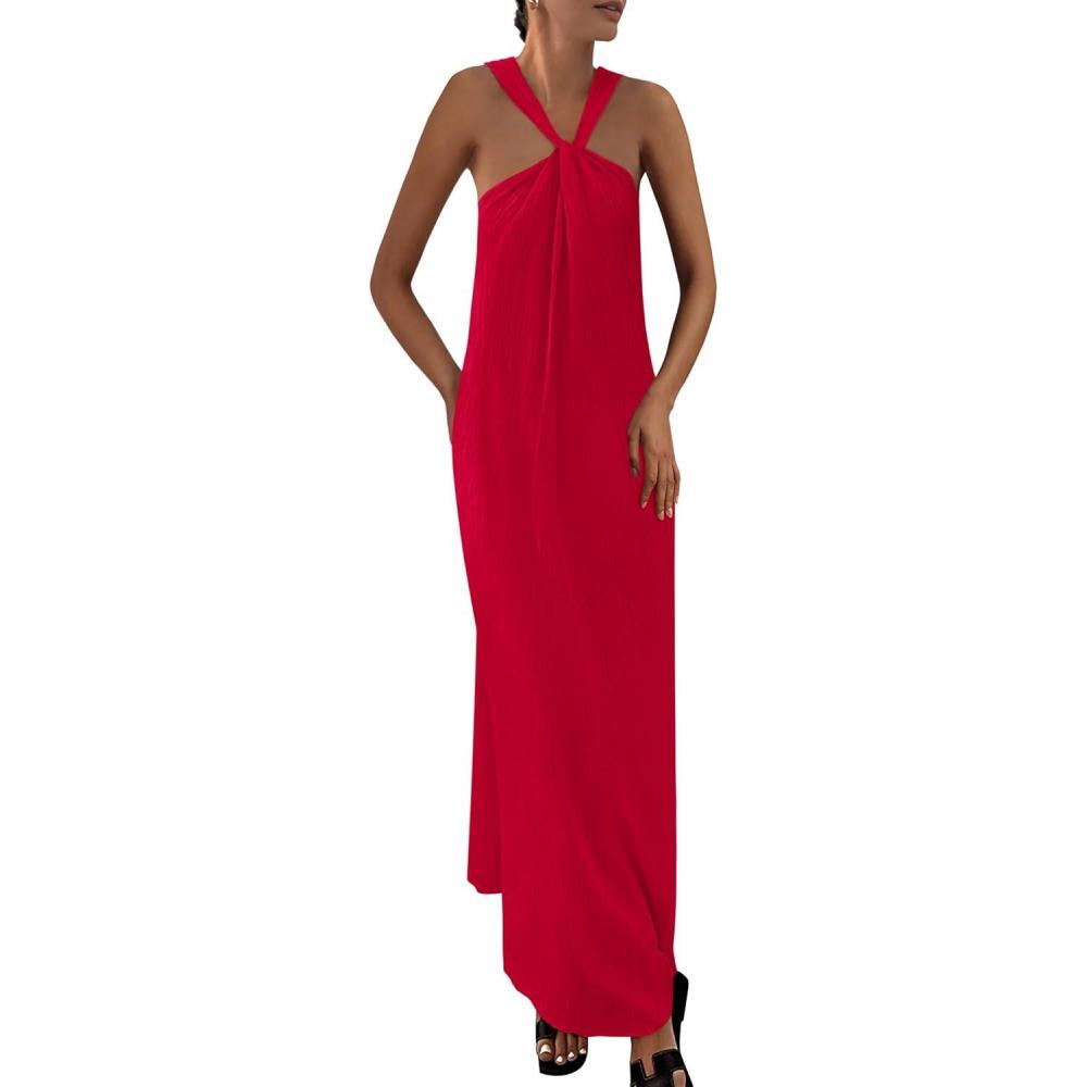 imagePRETTYGARDEN Womens 2026 Casual Long Summer Dresses Sleeveless Strappy Loose Flowy Beach Vacation Maxi Dress with PocketsRed