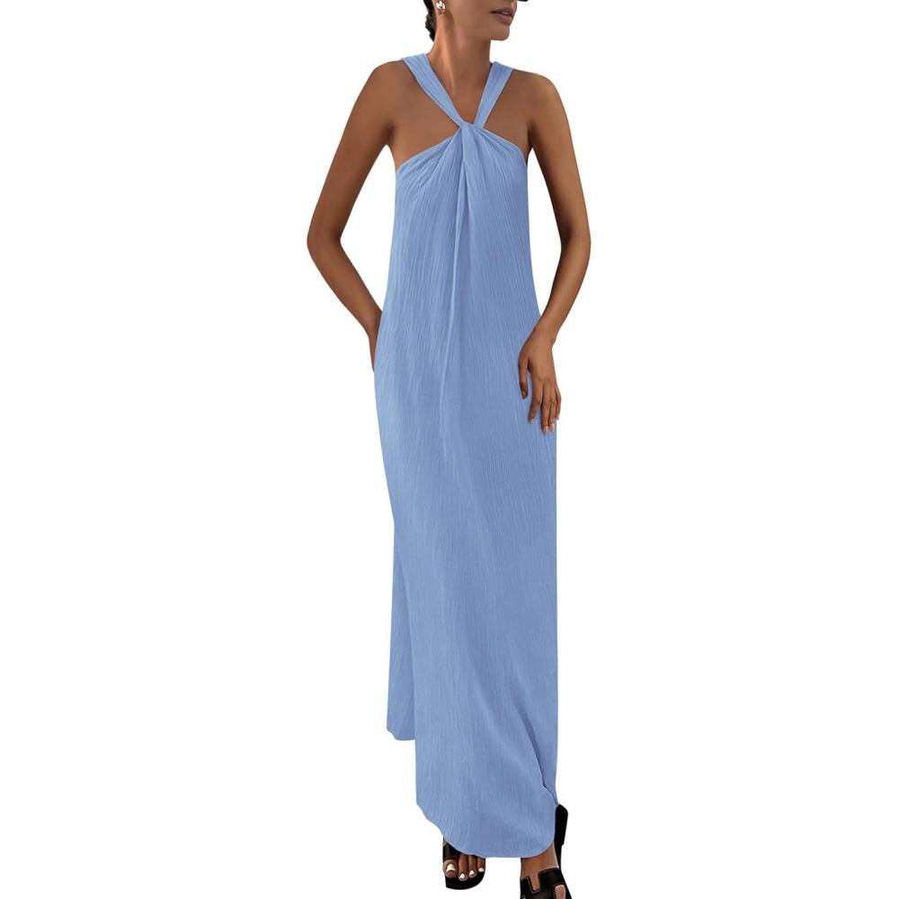 imagePRETTYGARDEN Womens 2026 Casual Long Summer Dresses Sleeveless Strappy Loose Flowy Beach Vacation Maxi Dress with PocketsSky Blue