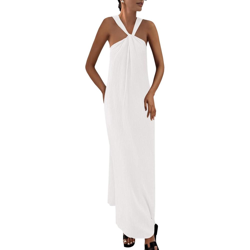 imagePRETTYGARDEN Womens 2026 Casual Long Summer Dresses Sleeveless Strappy Loose Flowy Beach Vacation Maxi Dress with PocketsWhite