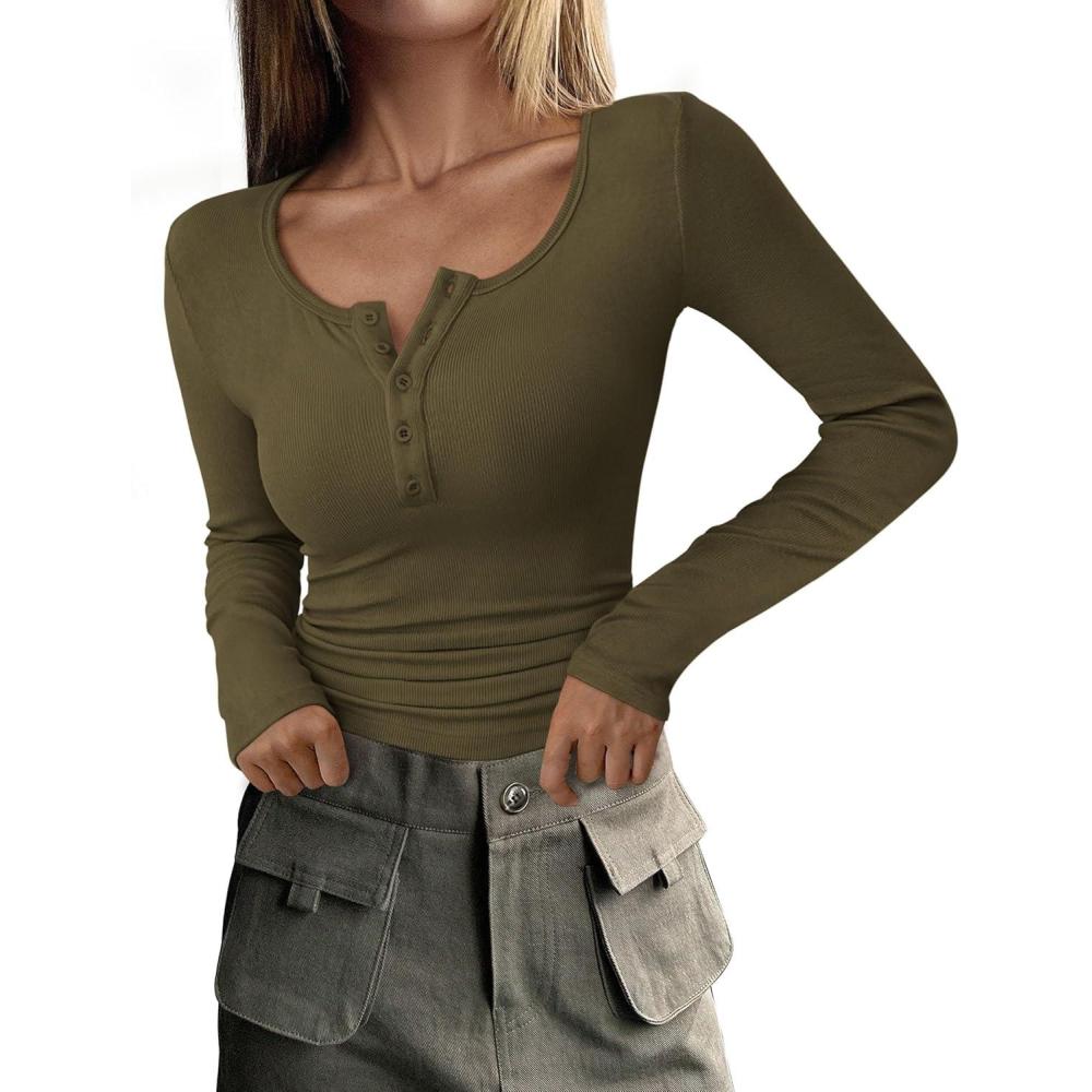 imagePRETTYGARDEN Womens 2026 Fall Long Sleeve Henley T Shirts Button Ribbed Knit Slim Fit Basic Tops Blouse Casual OutfitsArmy Green