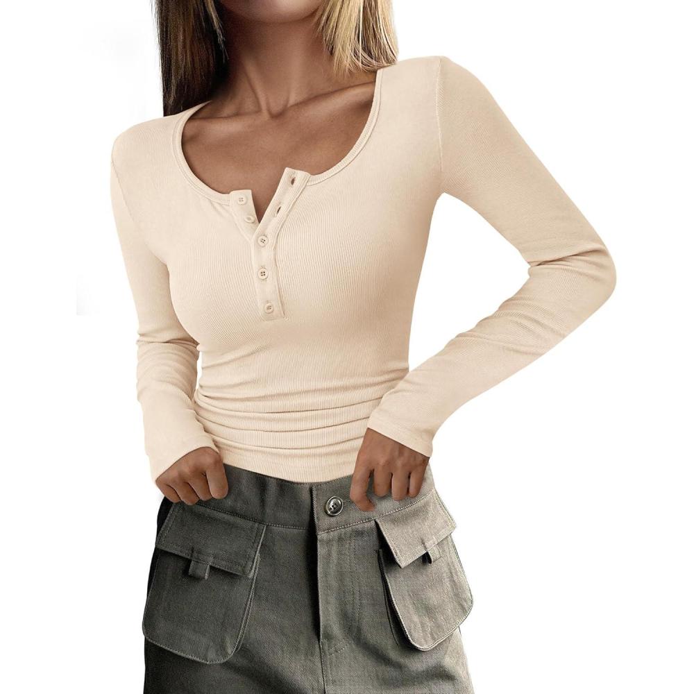 imagePRETTYGARDEN Womens 2026 Fall Long Sleeve Henley T Shirts Button Ribbed Knit Slim Fit Basic Tops Blouse Casual OutfitsBeige