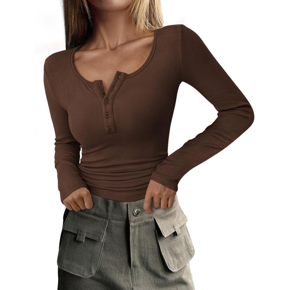 imagePRETTYGARDEN Womens 2026 Fall Long Sleeve Henley T Shirts Button Ribbed Knit Slim Fit Basic Tops Blouse Casual OutfitsCoffee