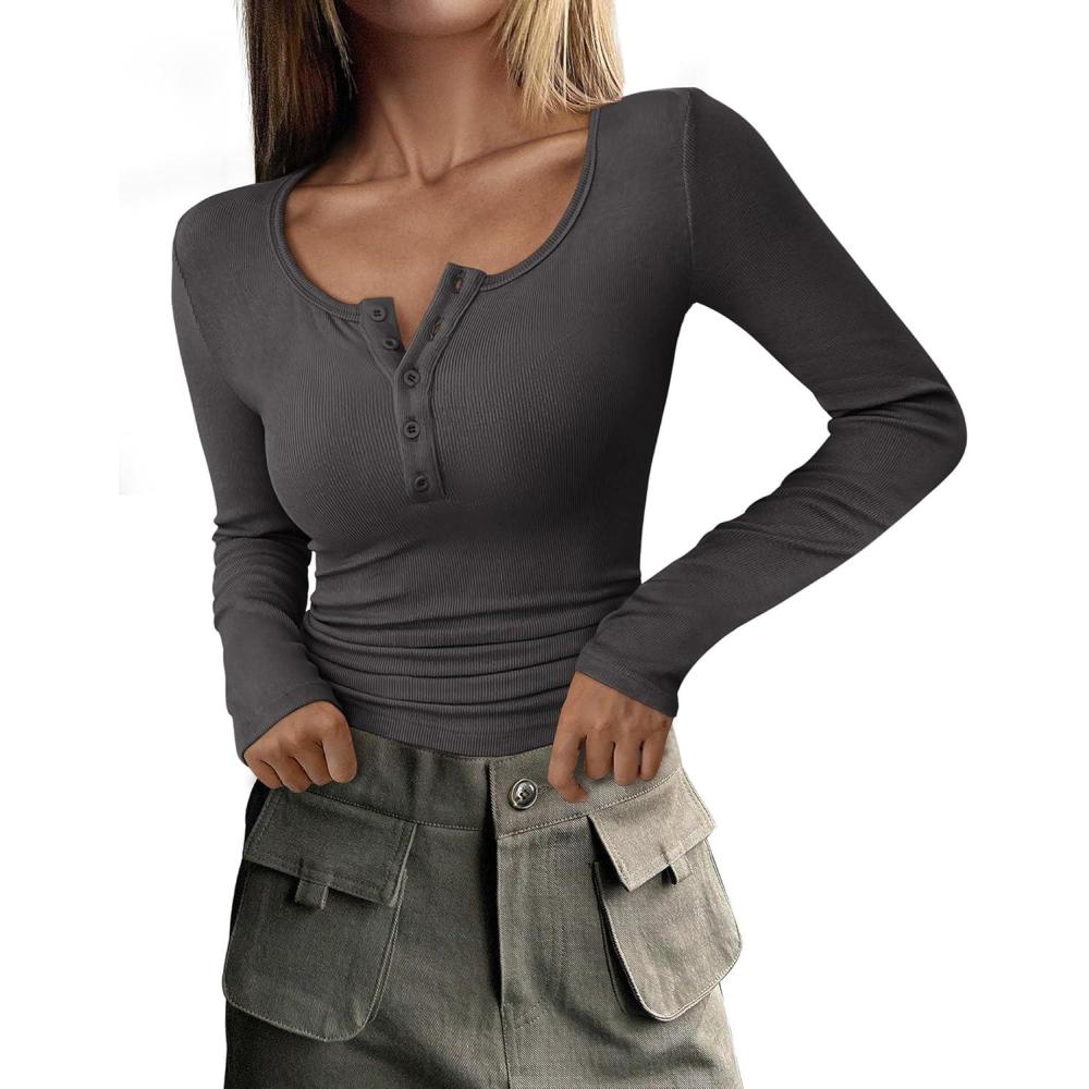 imagePRETTYGARDEN Womens 2026 Fall Long Sleeve Henley T Shirts Button Ribbed Knit Slim Fit Basic Tops Blouse Casual OutfitsDark Grey