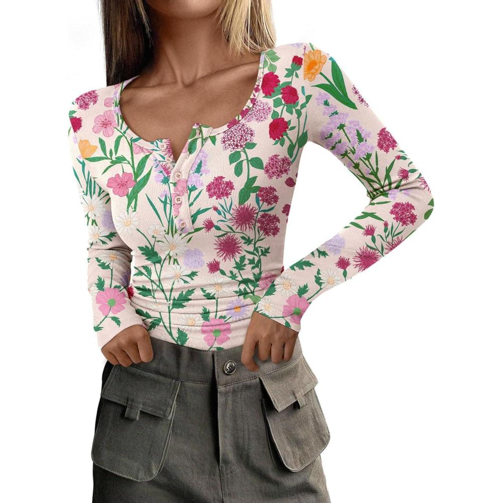 imagePRETTYGARDEN Womens 2026 Fall Long Sleeve Henley T Shirts Button Ribbed Knit Slim Fit Basic Tops Blouse Casual OutfitsFloral Apricot Multicolored