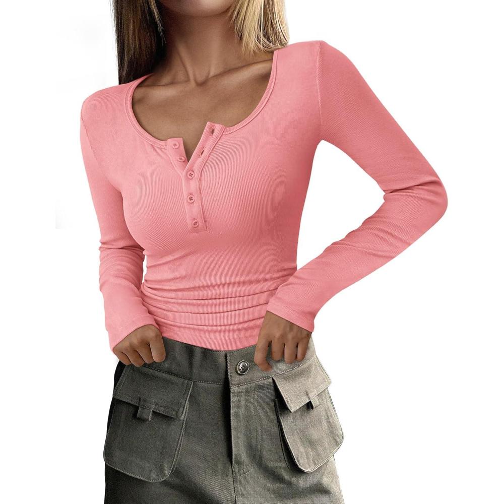 imagePRETTYGARDEN Womens 2026 Fall Long Sleeve Henley T Shirts Button Ribbed Knit Slim Fit Basic Tops Blouse Casual OutfitsPink