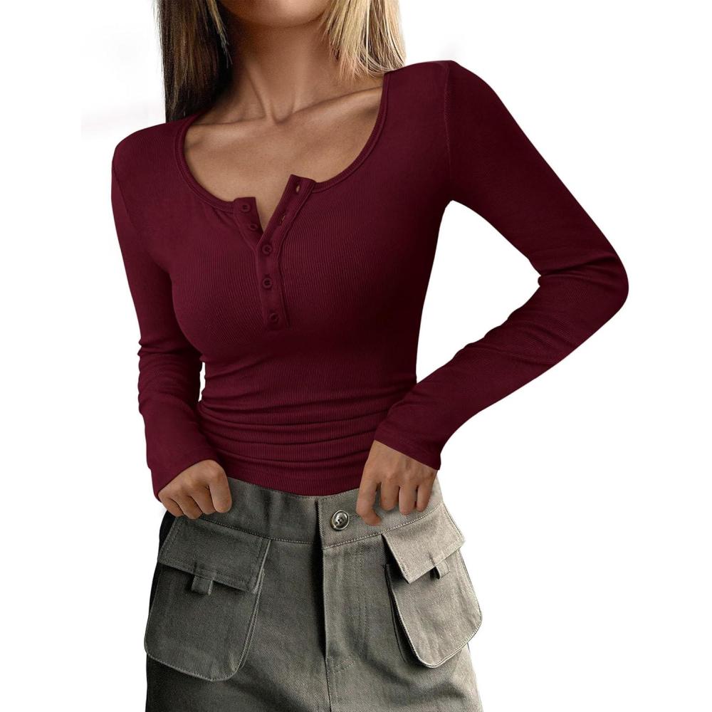 imagePRETTYGARDEN Womens 2026 Fall Long Sleeve Henley T Shirts Button Ribbed Knit Slim Fit Basic Tops Blouse Casual OutfitsWine Red