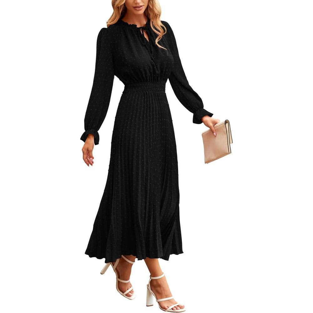 imagePRETTYGARDEN Womens 2026 Spring Fall Midi Dress Casual Long Sleeve V Neck Swiss Dot Pleated A Line Flowy DressesBlack