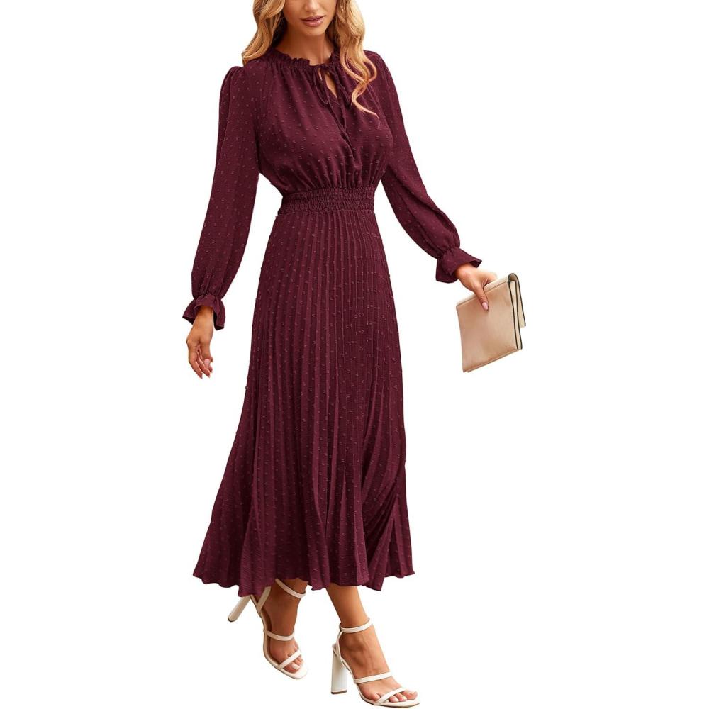 imagePRETTYGARDEN Womens 2026 Spring Fall Midi Dress Casual Long Sleeve V Neck Swiss Dot Pleated A Line Flowy DressesDark Wine Red