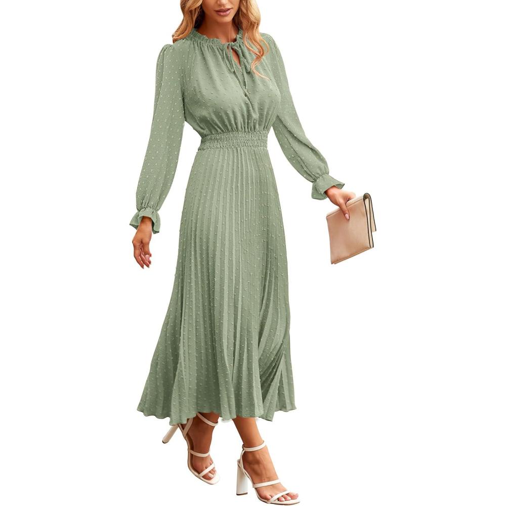 imagePRETTYGARDEN Womens 2026 Spring Fall Midi Dress Casual Long Sleeve V Neck Swiss Dot Pleated A Line Flowy DressesLight Green